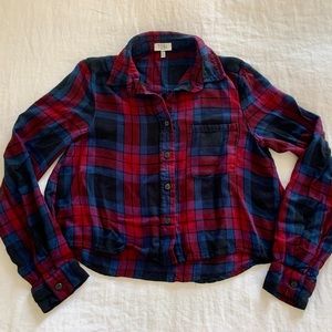 Tobi Crop Top Button Down Flannel Maroon Navy Blue & Black XS